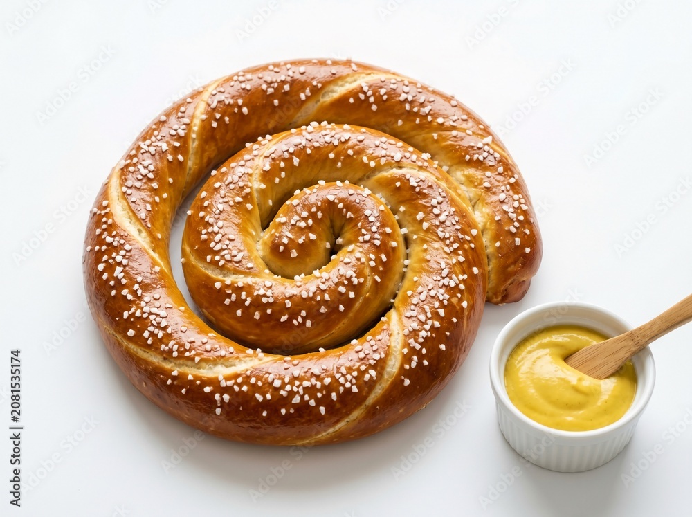 Fototapeta premium Spiral Pretzel with Mustard Dip on White Background