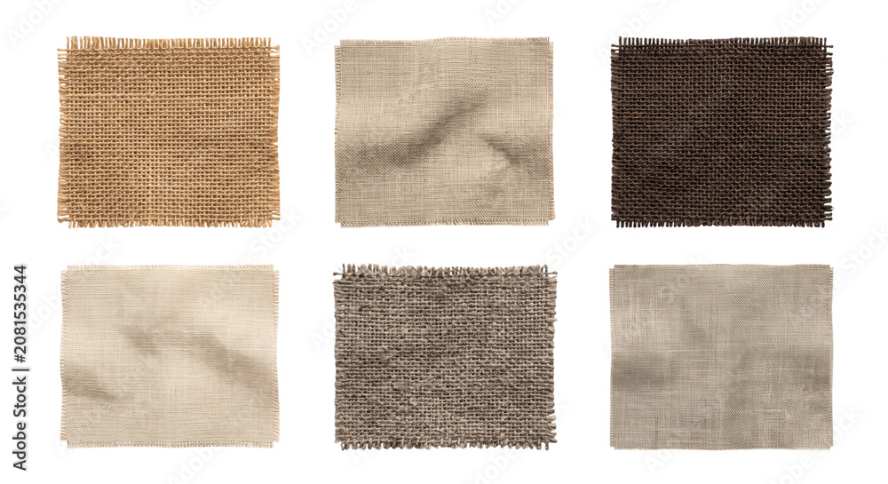 Fototapeta premium Set of rustic burlap fabric swatches on a transparent background PNG