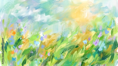 Impressionist painting of colorful flowers in a field under a sunny sky