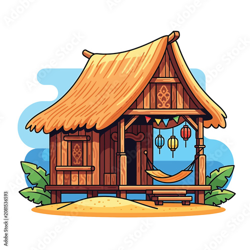 Fotografie Traditional wooden beach hut with thatched roof.