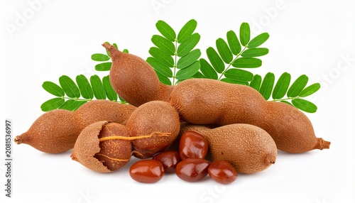 Fresh organic sweet potatoes with green leaves on white background.