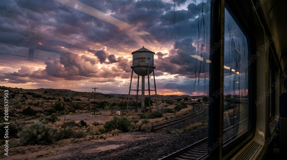 Naklejka premium Old water tower in desert landscape at sunset seen from train window.