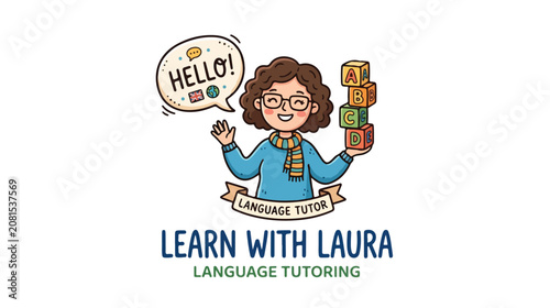 Friendly language tutor character with blocks and hello speech bubble.