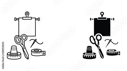 Cuadro en lienzo Sewing tools and fabrics vector illustration with a spool of thread