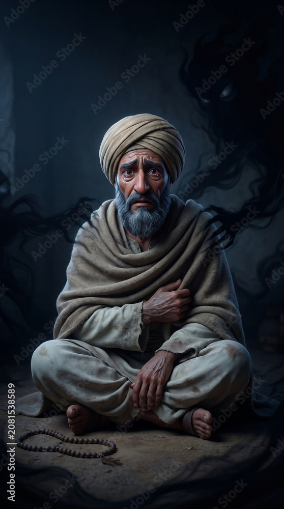 Obraz premium Frightened elder haunted by shadow spirits in darkness