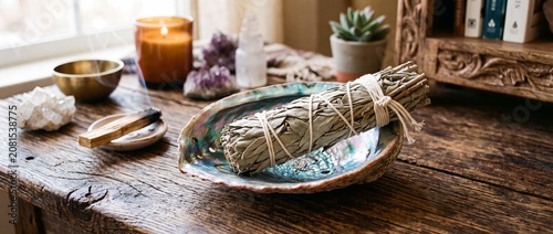 Smudging ritual sage bundle in iridescent abalone shell with crystals and incense smoke on dark weathered antique wood furniture