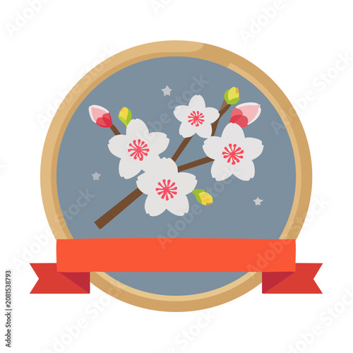 Cherry Blossom Branch in Circular Frame with Ribbon