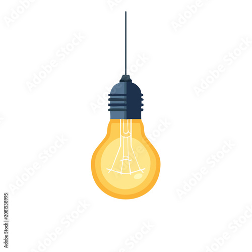 Flat illustration of a hanging light bulb with glowing filament