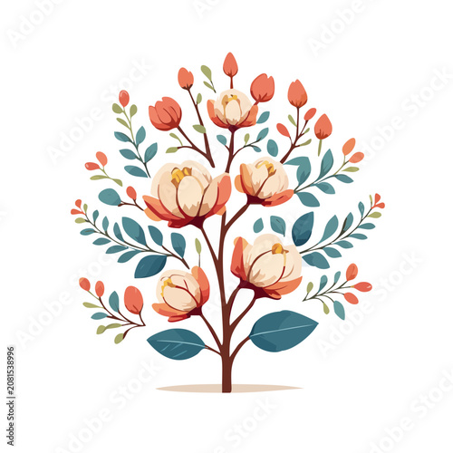 Flat illustration of a flowering tree with peach blossoms and teal