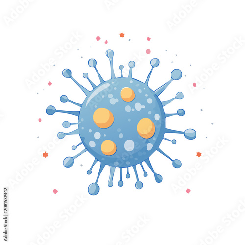 Flat illustration of a virus cell with spikes and orange particles