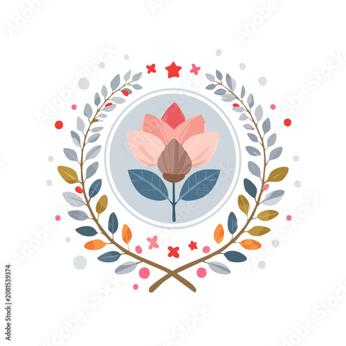 Flat illustration of lotus flower in circular wreath
