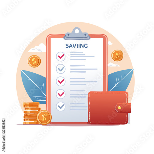 Savings checklist with wallet and coins vector illustration