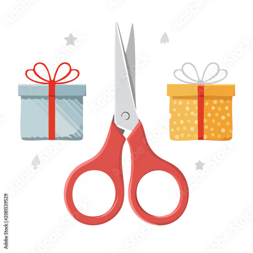 Red Scissors with Gift Boxes in Flat Design
