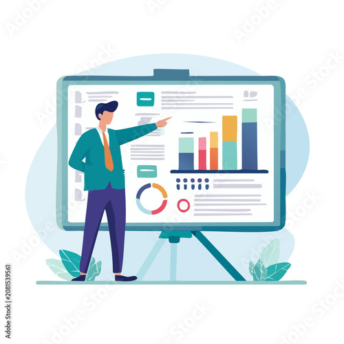 Businessman presenting data on whiteboard with charts