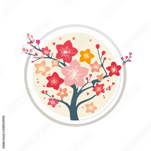 Cherry Blossom Tree in Circular Frame Vector Illustration