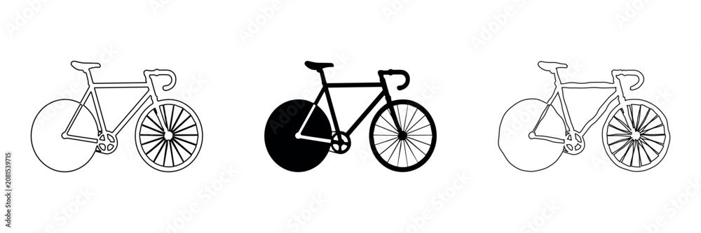 Fototapeta premium Three bicycle icons in different styles: outline, solid, and hand drawn