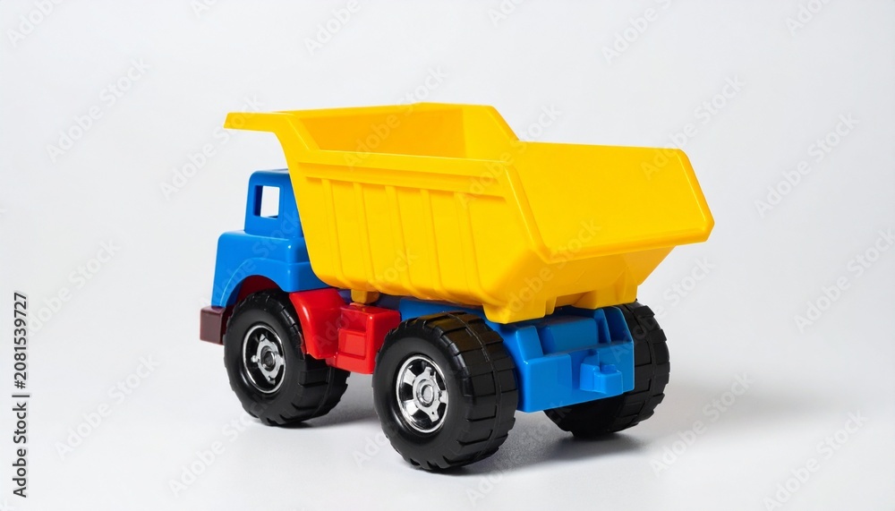 Fototapeta premium Bright plastic toy dump truck with vivid primary colors