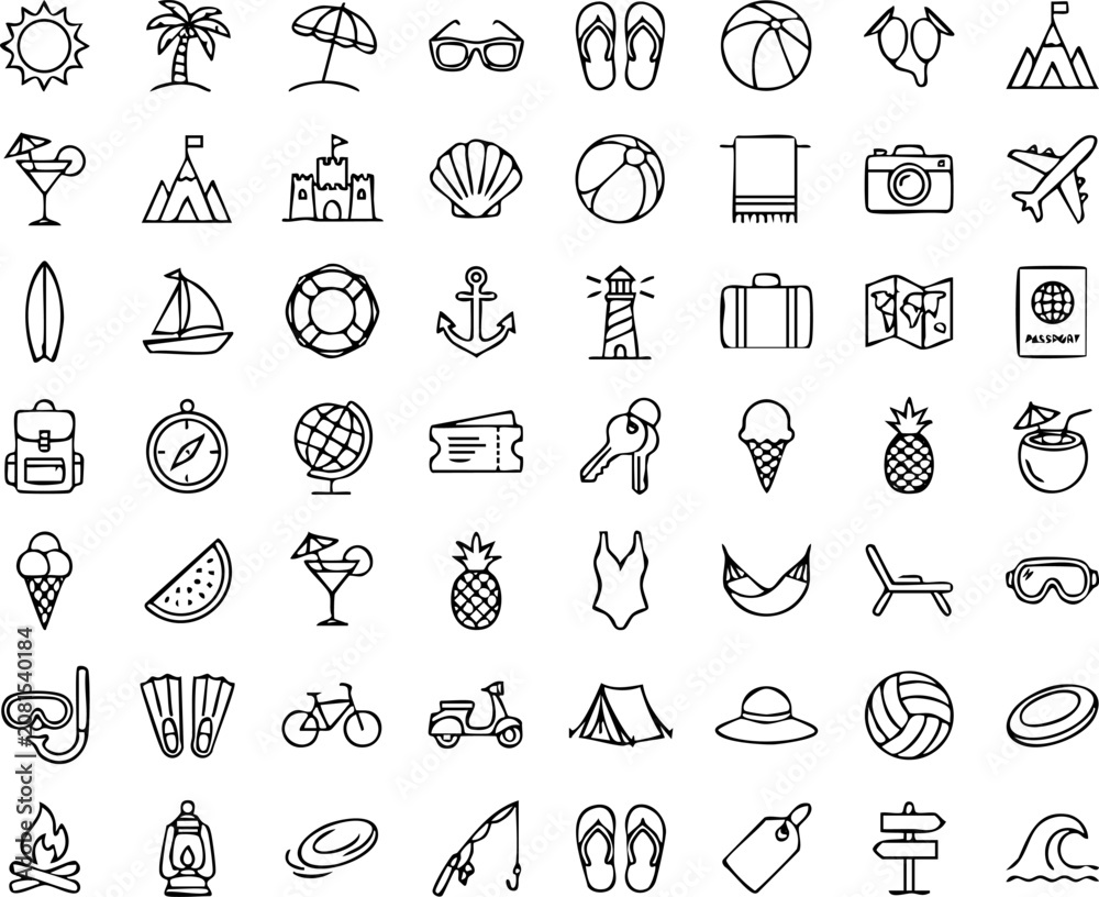 Naklejka premium Global travel tourism and summer vacation outline icon set vector illustration with vacation