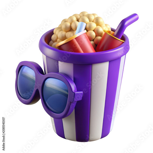 3 d purple and white striped popcorn bucket with sunglasses and drinks isolated on a transparent background