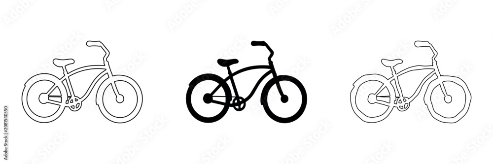 Fototapeta premium Bicycle icon set in outline, solid, and hand-drawn styles
