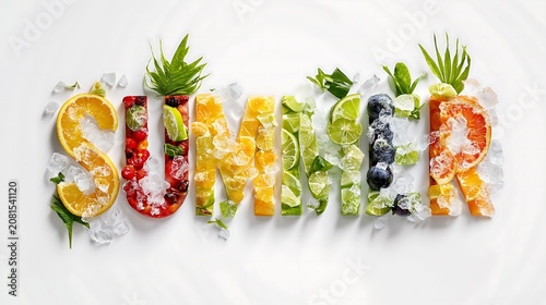 Creative display of summer fruits and ice cubes on white surface