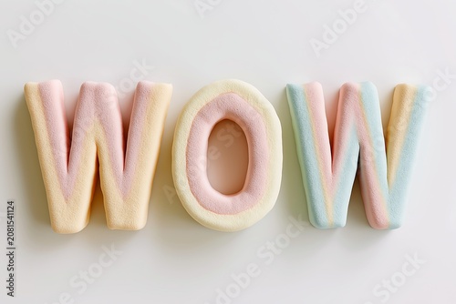 Colorful candy letters spelling wow on a white background