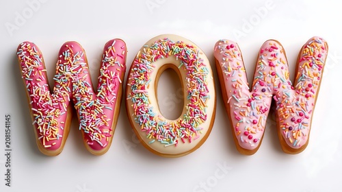 Donuts with sprinkles spell out wow in bright colors