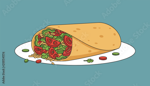 Mouth-watering burrito wrap filled with tomatoes, peppers, and rice served on a simple plate over a blue background.