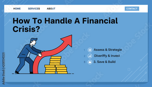 Informative financial website banner showing a businessman pushing a red upward arrow next to stacks of gold coins.