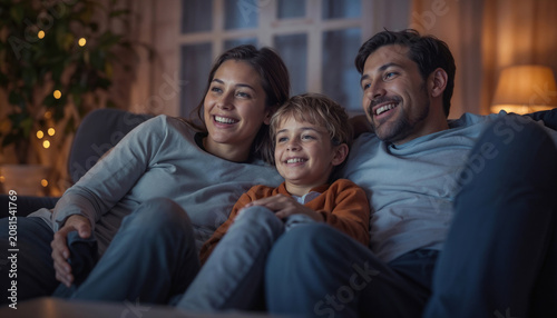 Cozy family laughs together on couch under warm lights. Soft glow highlights joyful, relaxed expressions. Children and adults share quiet, intimate moments. Ideal for family, home