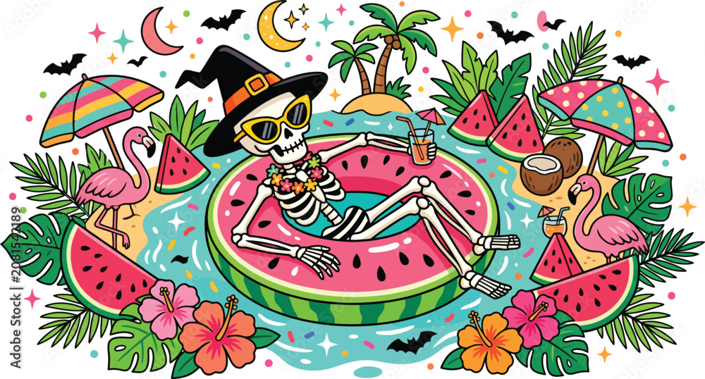 Obraz premium A colorful illustration featuring a skeleton wearing a witch hat relaxing on a watermelon pool float surrounded by tropical summer elements
