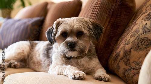 A small dog resting near comfortable cushions capturing a warm and peaceful moment of domestic life