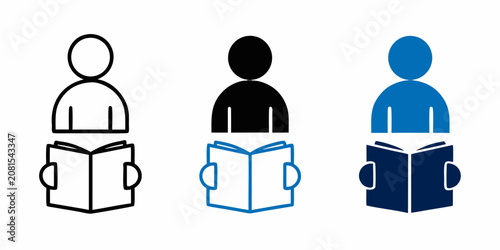 Reading person icon in black blue and outline styles