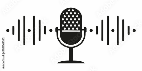 Canvastavla Microphone Icon With Sound Waves Black Silhouette On White Background