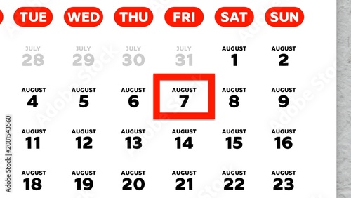 Close-up of August 7th date marked with a red cursor on a 2026 wall calendar