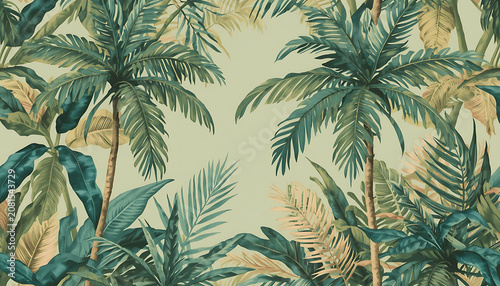 Tropical Palm Trees and Jungle Leaves in Vintage Muted Green Botanical Wallpaper Style