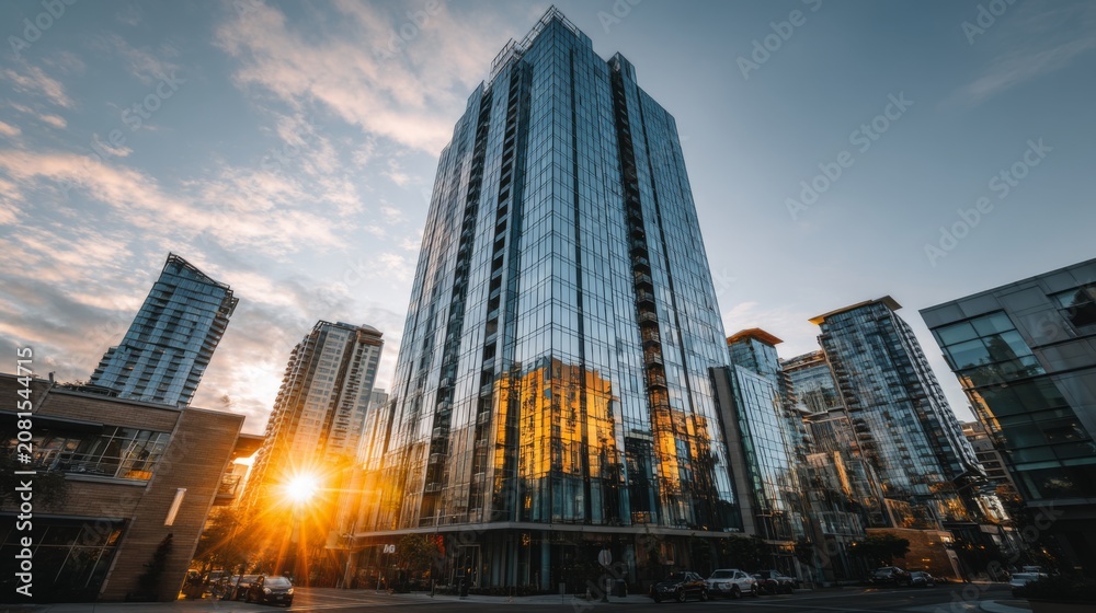 Obraz premium Modern glass building reflecting sunset with city skyline in background showcasing urban architecture and vibrant colors in evening light
