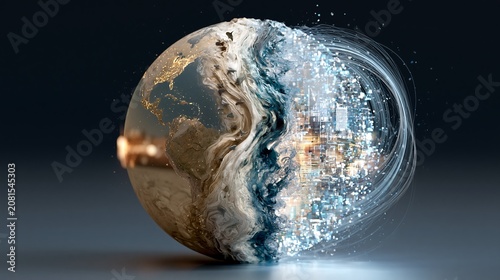 Earth globe illustrating ecological transformation, with one half representing natural landscapes and the other.