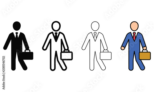 Set of four different business man walking icons including solid silhouette outline and colored versions
