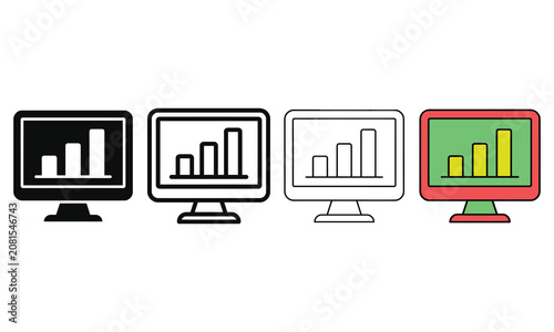 Four different styles of desktop computer monitors displaying bar graph data on screen