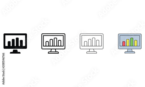 Various computer monitor icons displaying bar graph data analysis and statistics charts