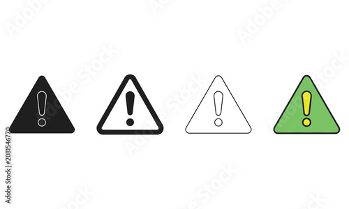 Collection of various warning symbols and danger alert signs with exclamation marks inside triangles