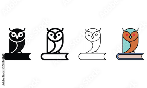 Set of four different owl illustrations on books representing knowledge and wisdom