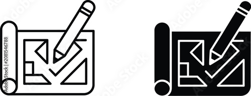 Blueprint Plan Icon Set Featuring Architectural Drawing, Floor Plan, and Technical Draft Symbols