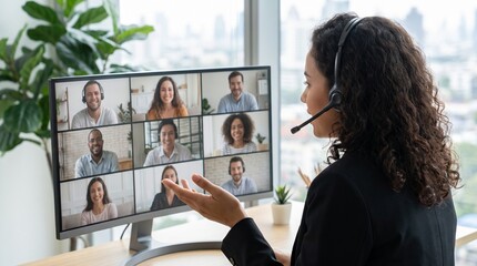 Young businesswoman with headset engaged in virtual meeting with diverse group of colleagues on computer screen in modern office setting with cityscape background