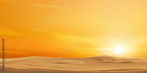Sunset Sky on Golden Desert Landscape, Rolling Sand Dunes, Golden Hour Glowing Sunrise under Yellow, Orange Sky.Minimal nature background, Serene wilderness, Warm sunlight, Panoramic sandy terrain