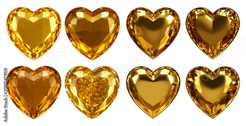 3D. Heart Shapes. Golden Gems, Facets, Reflection, Shine.