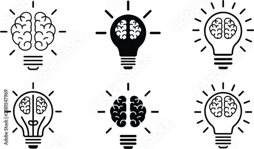 Brain in Light Bulb Icon Set Featuring Creative Ideas, Innovation, Knowledge, and Problem Solving Symbols