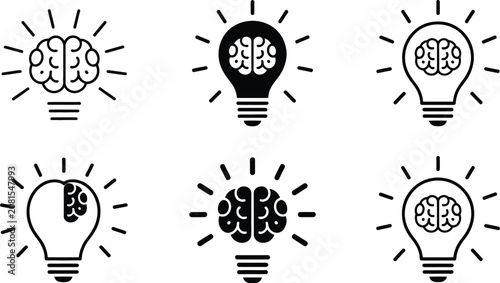 Brain in Light Bulb Icon Set Featuring Creative Ideas, Innovation, Knowledge, and Problem Solving Symbols