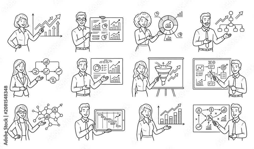 Obraz premium Hand Drawn Businessman Presentation Doodle Set with Growth Charts Pie Graphs and Financial Strategy Vector Illustration
